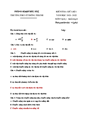 Đề kiểm tra giữa kì 1 môn Vật lý Khối lớp 8 - Năm học 2021-2022